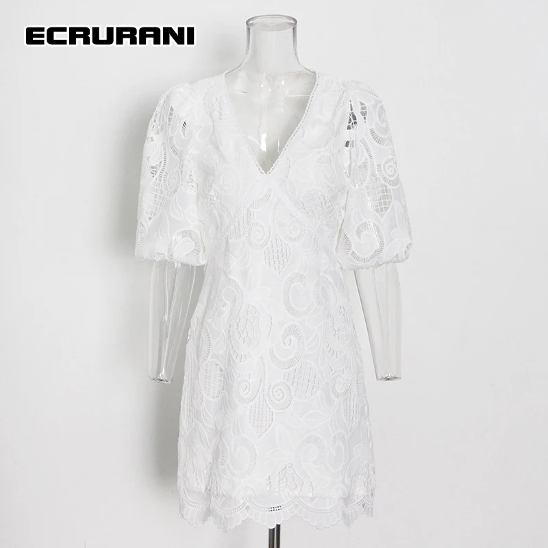 

ECRURANI Embroidery Cut Out Mini Dress For Females V Neck Lantern Short Sleeve High Waist Lace Panel Dresses Female 2021 Autumn