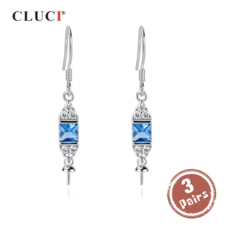 

CLUCI 3 pair Fashion Silver 925 Drop Women Earrings Jewelry Rectangle Blue Zircon Design Pearl Earring Mounting SE139SB