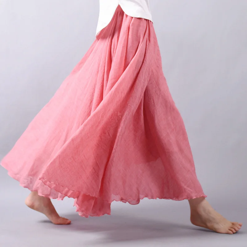 Women's Elegant High Waist Linen Maxi Skirt 2024 Summer Ladies Casual Elastic Waist 2 Layers Skirts saia feminina