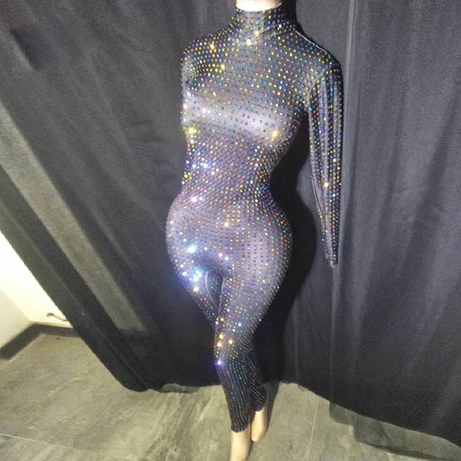 Club  Rhinestone Women long sleeve Jumpsuit Party Tight Fitting Black Rompers Singer Stage Show Wear