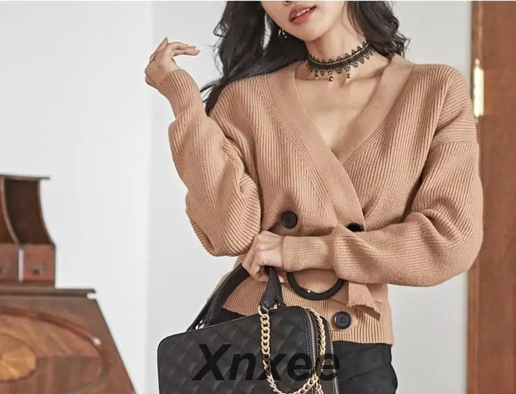 

Xnxee 2019 Runway Women Bats sleeves Sweater Cardigan Female Korean OL bow tie Sweater Full Sleeve Double Breasted Coat