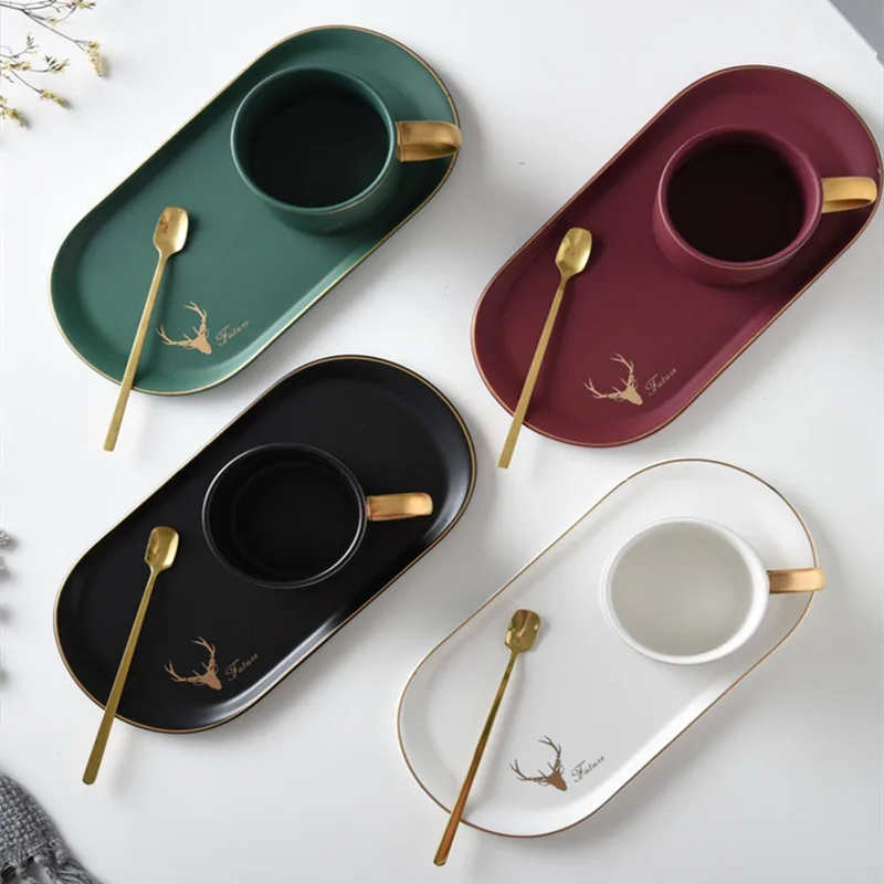 Coffee Cup Set Saucer Tray With Spoon Matte Bronzing Ceramic European Style Niche Afternoon Tea Mug Office Kitchen Utensils