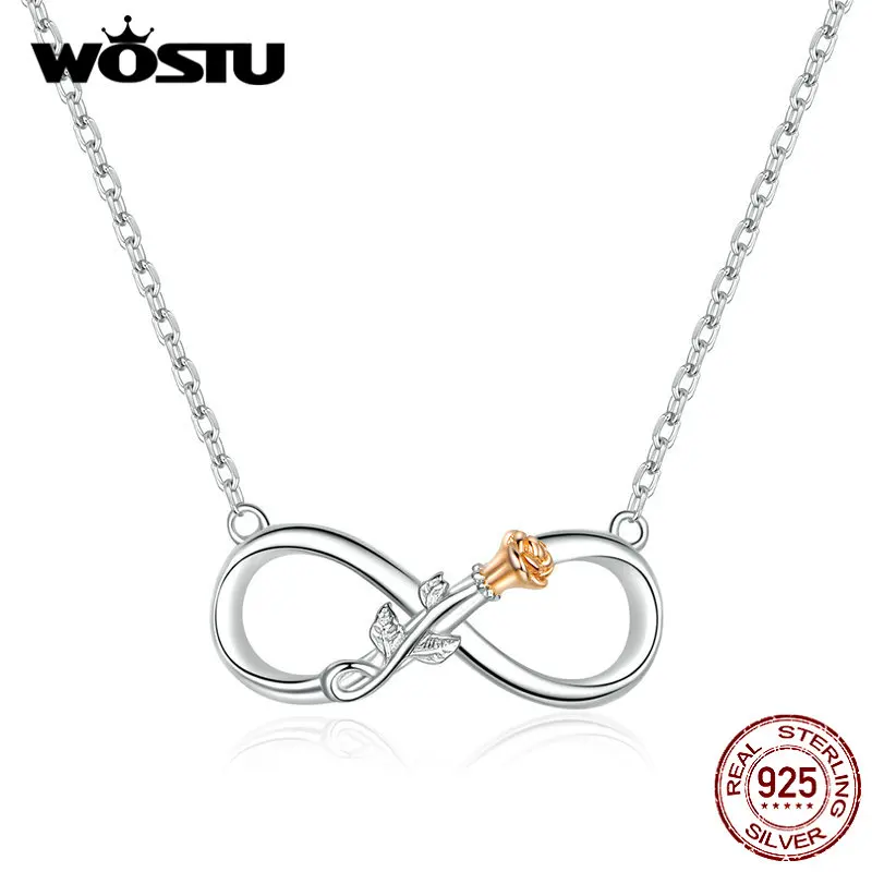 WOSTU Real 925 Sterling Silver Infinite Love Flower Necklace Chain Link For Women Wedding Long Necklace Fine Jewelry CQN371