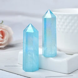Natural Blue Aura Clear Quartz Crystal Point Electroplating Wand Healing Stone Energy Quartz Home Decoration Reiki Tower Gifts