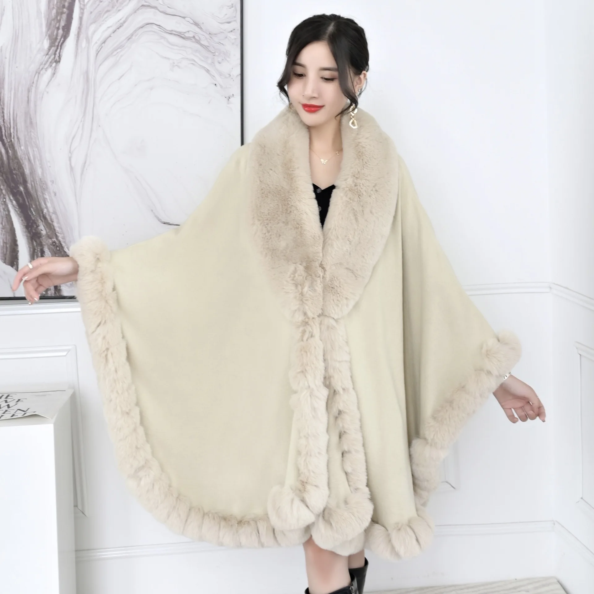 16 Colors Winter Warm Capes Plus Size Batwing Sleeves Poncho Cloak Women Turn-Down Faux Fur Collar Loose Cardigan Shawl Coat