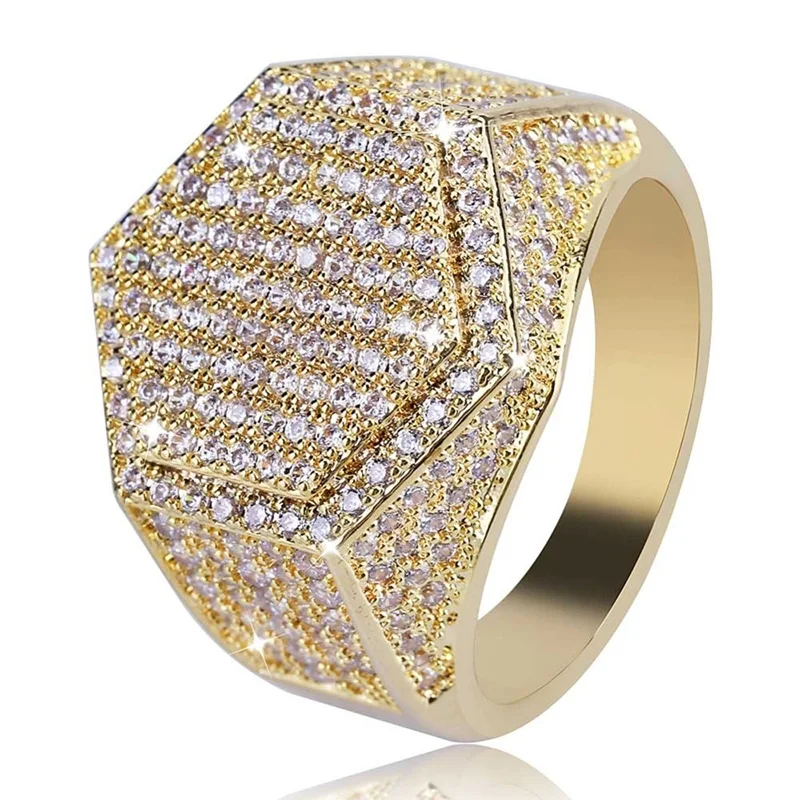 Fashion Men Rings Copper Gold Silver Color Ring Iced Out Bling Pave Cubic Zirconia Geometry Ring Charms For Men Gift