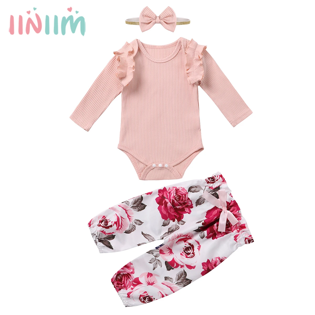 

3Pcs Newborn Baby Girl Clothes Set Autumn Long Sleeve Ruffle Ribbed Kintted Romper Tops Pants Headband Infant Clothing Outfits