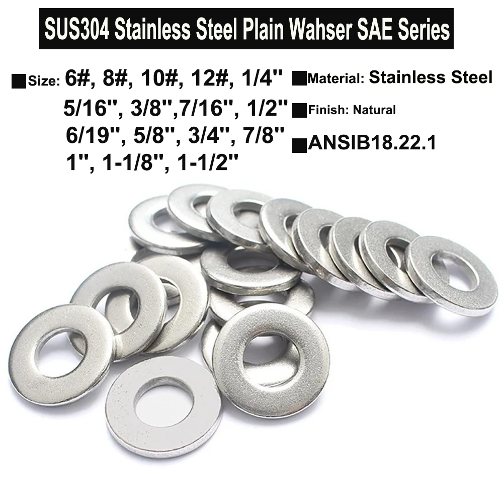 6# 8# 10# 12# ~ 1-1/2'' SUS304 Stainless Steel Plain Washers SAE Standard ANSIB18.22.1 / ASTM A325 / ANSI 1060