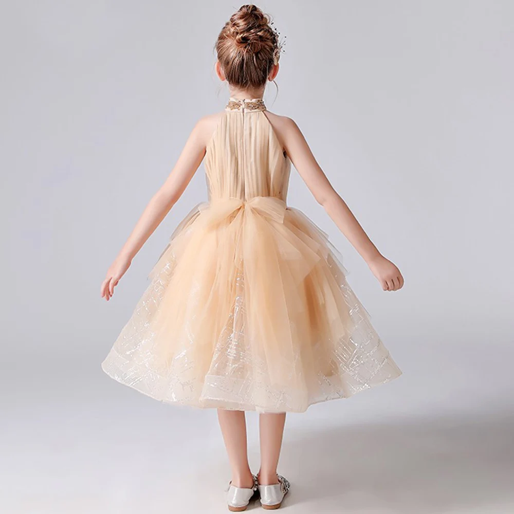 Moderne Tulle Halter Bloem Meisje Jurken Tiered Bruiloft Prinses Jurk Formele Kids Verjaardag Gown Nieuwe