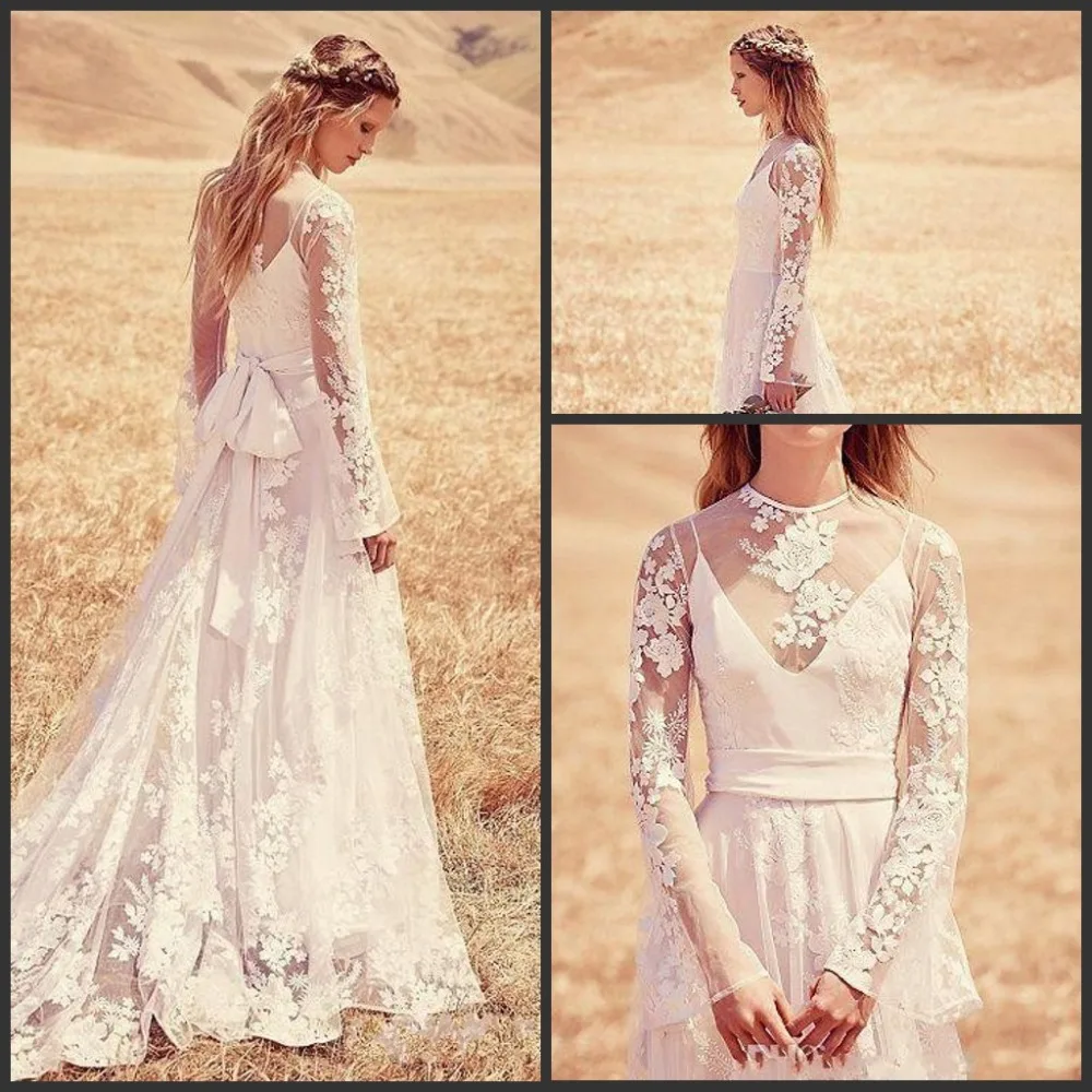 Dell'annata Del Merletto di Stile Boho Abitudine Fare Elegante Sheer Neck Hollow Torna A Manica Lunga Abito Da Sposa 2018 madre della Sposa abiti