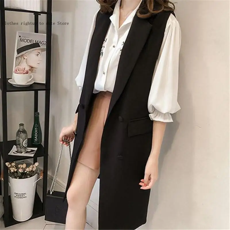 Elegant Office Ladies Tops Casual Long Vest Female  Waistcoat Women Clothes 4Xl Long Sleeveless Blazer Vest Women