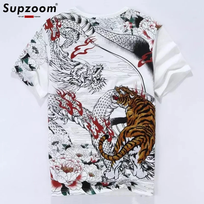 New Arrival O-neck Floral T Shirt Men Hip Hop Tshirt Original Summer Heavy Dragon Tiger Embroidery Carp Loose Man Cotton Short