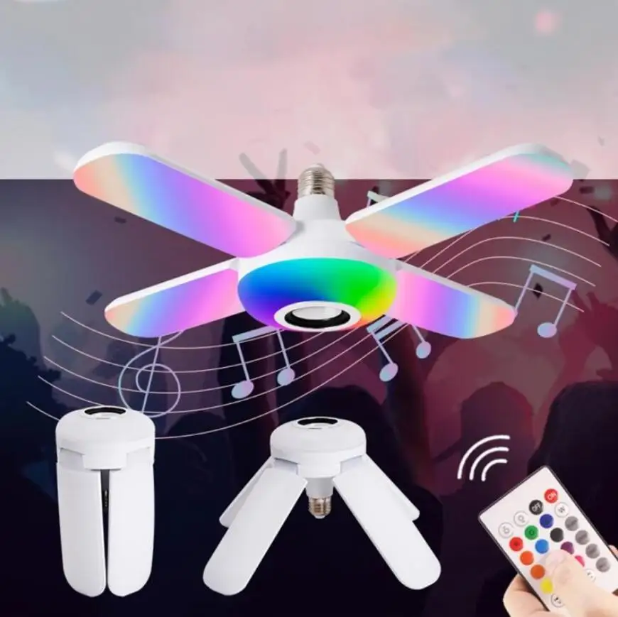 Bluetooth Music Light RGB Four Leaves Fan Shaped 50W E27 LED Bulb With Remote Control Foldable Bulb Smart Speaker Lamp AC85-265V