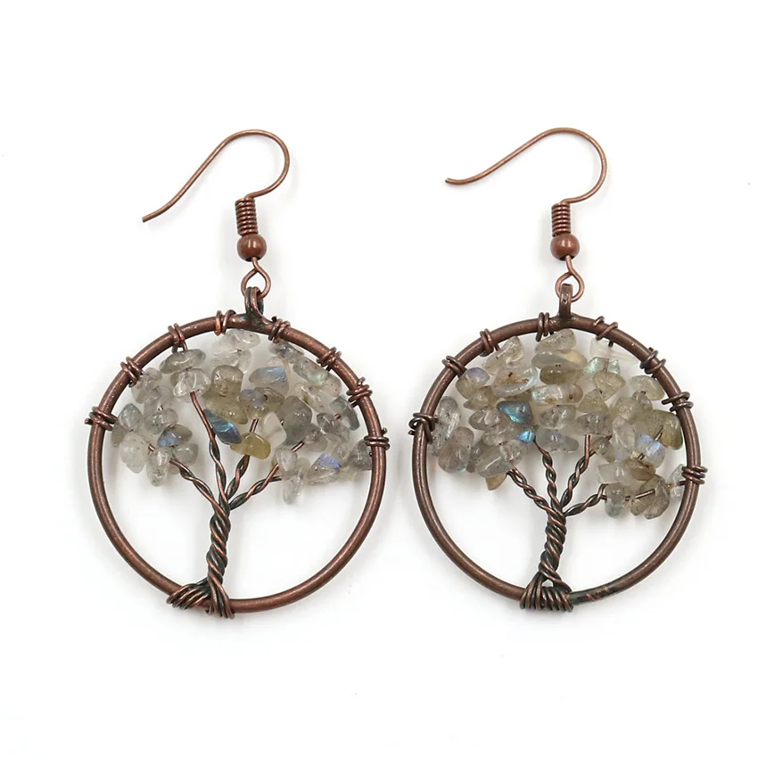 FYSL Copper Wire Wrap Tree of Life Labradorite Stone Drop Earrings for Women Red Coral Jewelry