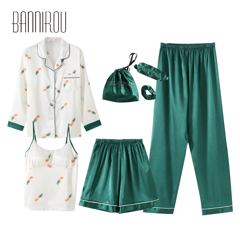 BANNIROU Home Clothes Women\'s Pajamas Sets Women Sleepwear Lingerie Set Spring Homewear Woman Pyjamas Sets 7 Pcs Free Shipping