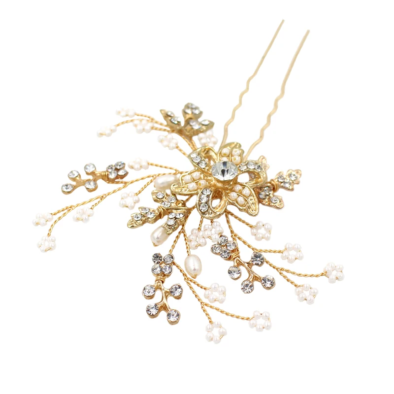 O382 Floreale Dell'oro In Lega di Ottone D'acqua Dolce Della Perla di Cerimonia Nuziale Nuziale Hairclips Forcelle Accessori per Capelli Da Sposa Testa Pezzo