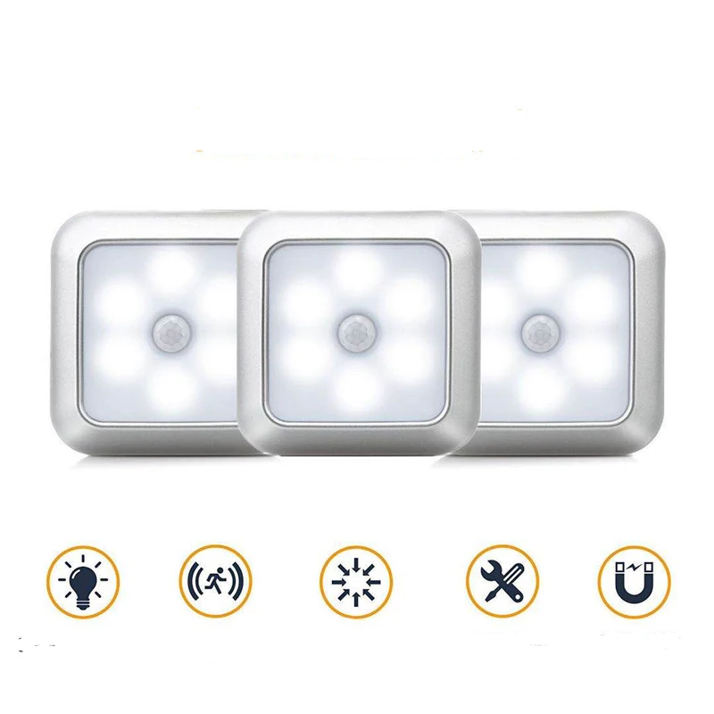 Imagem -02 - Luminária Quadrada com Sensor de Movimento 6led Aaa Caixa de Bateria Luz para Escada Luz Noturna Gancho Película Magnética Modos de Instalação