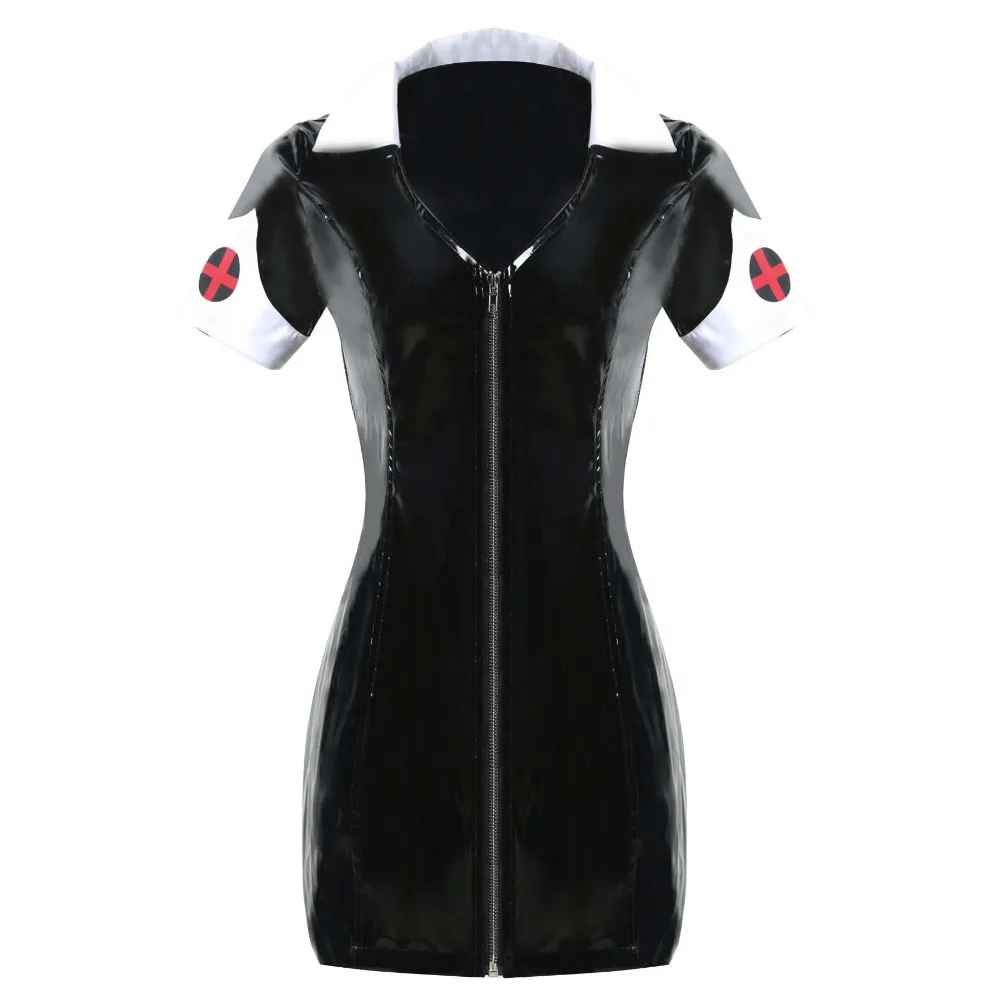 Costumes d'Infirmière en Vinyle et Cuir PVC pour Femme, Mini Robe Brillante avec Fermeture Éclair, pour Boîte de Nuit, Pole Dance, DS Bar