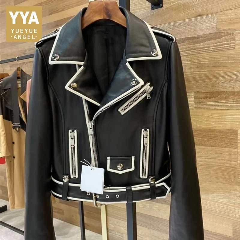 Women Short Real Leather Biker Jacket Streetwear Slim Sheepskin Coat Elegant Office Zipper Full Sleeve Ladies Outerwear S-XL