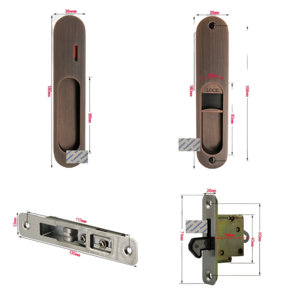 Zinc Alloy Flush Finger Sliding Door Back-To-Back Pull Locking Latch With Red Indicator For Bedroom Bathroom Matte Black Bronze