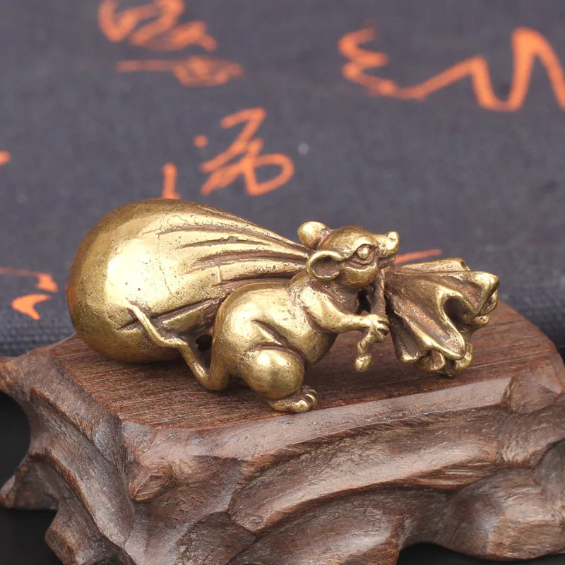 Antique Bronze Zodiac Little Mouse Big Gold Money Bag Figurines 2020 New Year Design Pure Copper Lucky Rat Feng Shui Ornaments