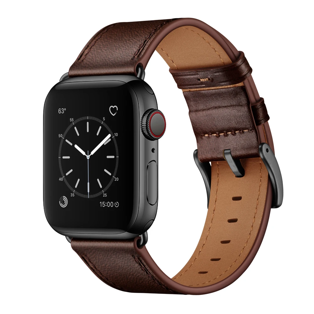 VIOTOO Genuine Leather Band Replacement Strap For Apple Watch Series 6/5/4/3/2/1/SE 44mm 42mm,Dark Brown Band with Black Adapter