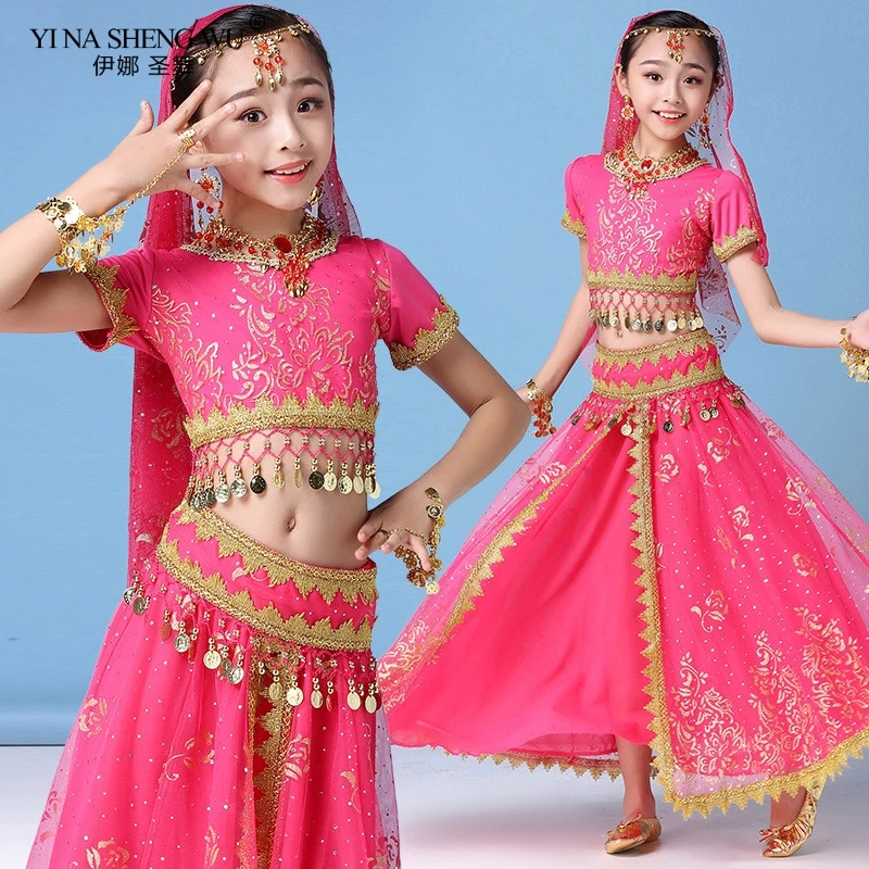 New Style Kids Belly Dance Indian Dance Costume Set Sari Bollywood Children Outfit Chiffon Belly Dance Performance Clothes Sets