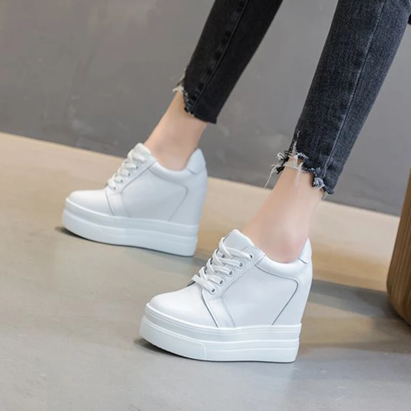 Women\'s Chunky Sneakers Split Leather Casual Women Shoes White Black Sneakers 2021 Spring Autumn Hidden Heel Woman Chunky Shoes