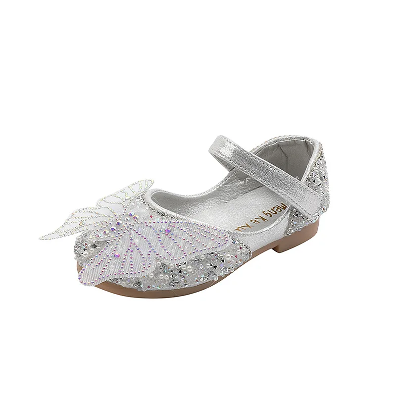 Nuove ragazze scarpe in pelle per bambini pizzo farfalla strass perle perline prestazioni scarpe singole moda scarpe per bambini E878