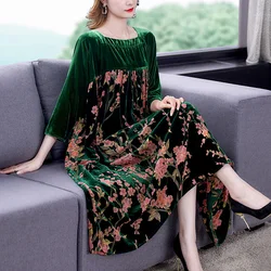 Velvet Dress Women 2024 New Casual Mom's Loose Maxi Robe  Long Sleeves Printing Winter Party Vestidos