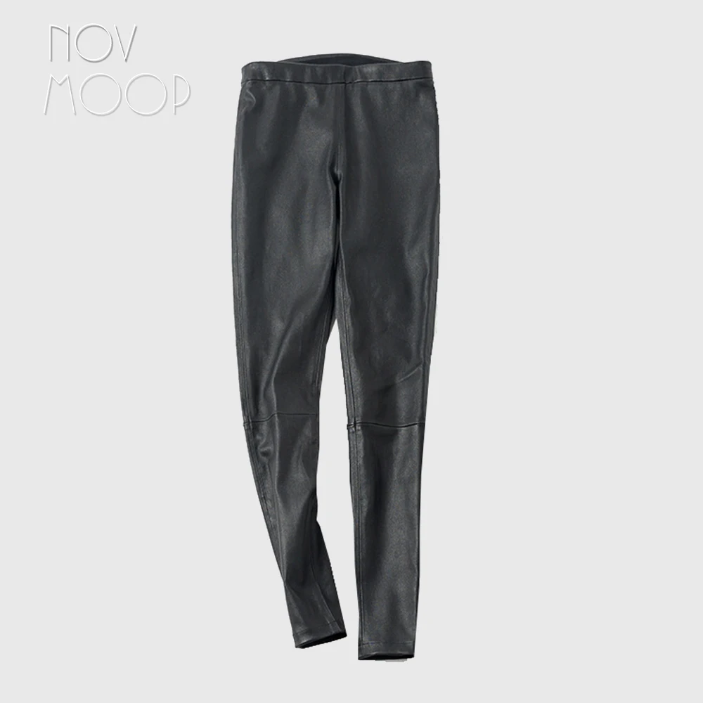 Novmoop high street casual style black grey wine red sheepskin genuine leather stretch pencil pants pantalones de mujer LT2976