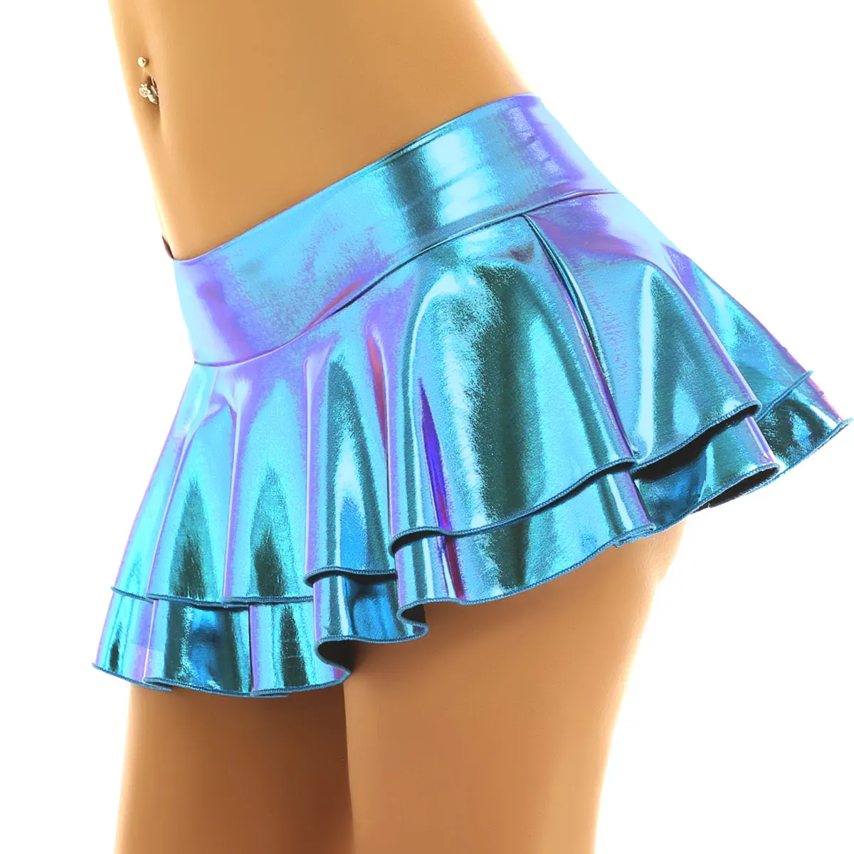 MSemis Womens Holographic Shiny Metallic Double Layered Ruffled Mini Skirt Sexy Skirts Pole Dance Raves Festivals Club Costumes