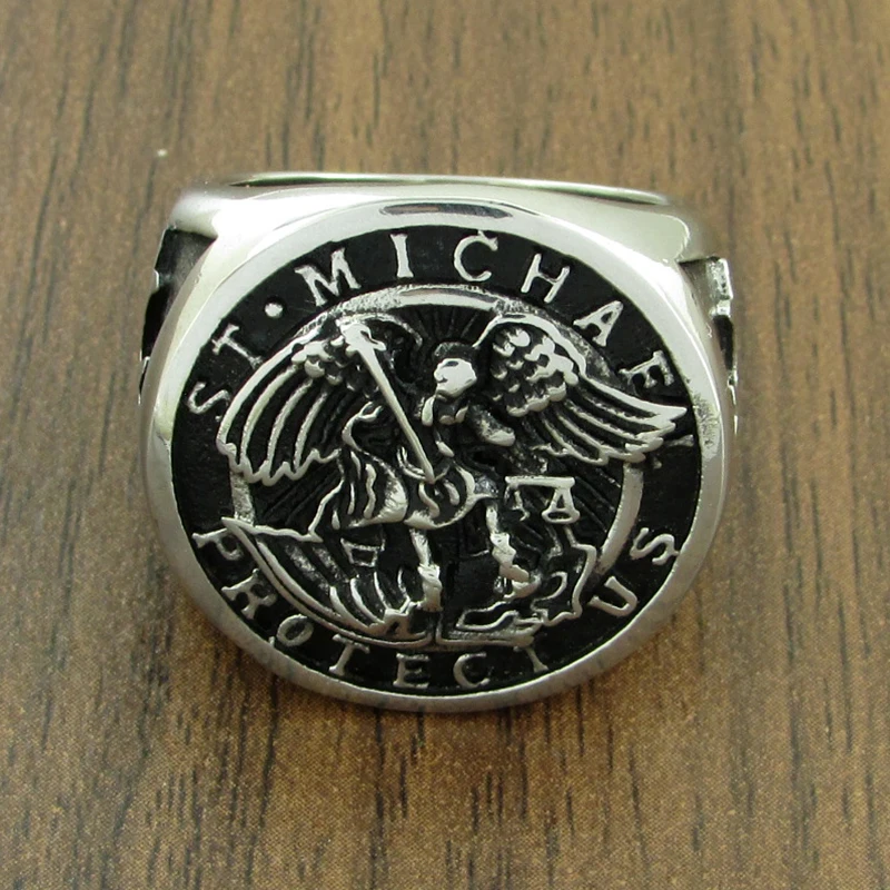 Vintage 316L Stainless Steel Archangel ST.MICHAEL PROTECT US Ring Religious Legend Cross Ring Jewelry