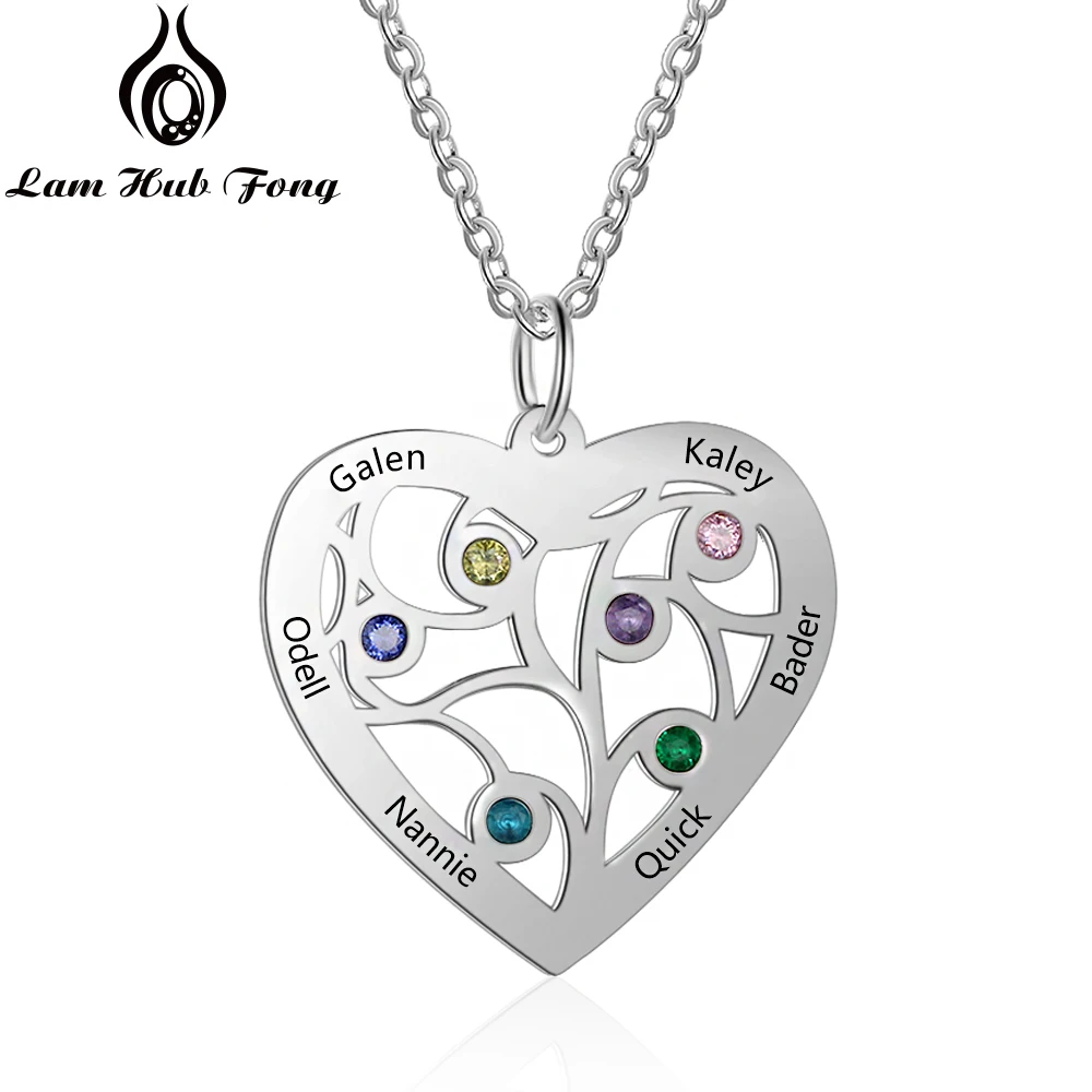 

Custom Birthstone Necklace Engraved Name Necklace Love Heart Shape Charm Jewelry Personalized Family Gift for Mom (Lam Hub Fong)