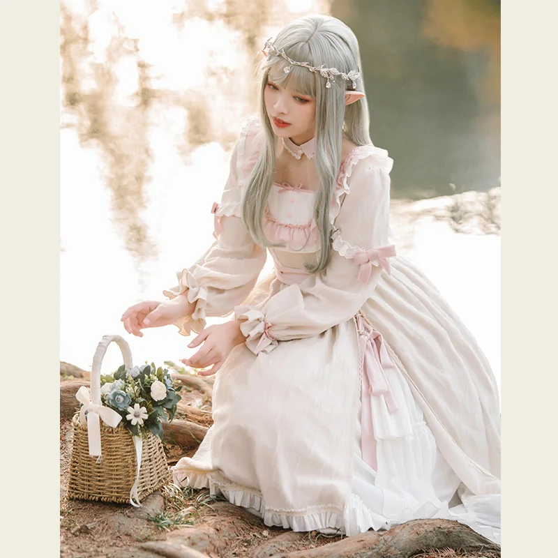 Prinzessin Tee Party Süße Lolita Rosa Kleid Hohe Taille Spitze Bowknot Nette Viktorianischen Kleid Rüschen Kawaii Mädchen Lolita Op