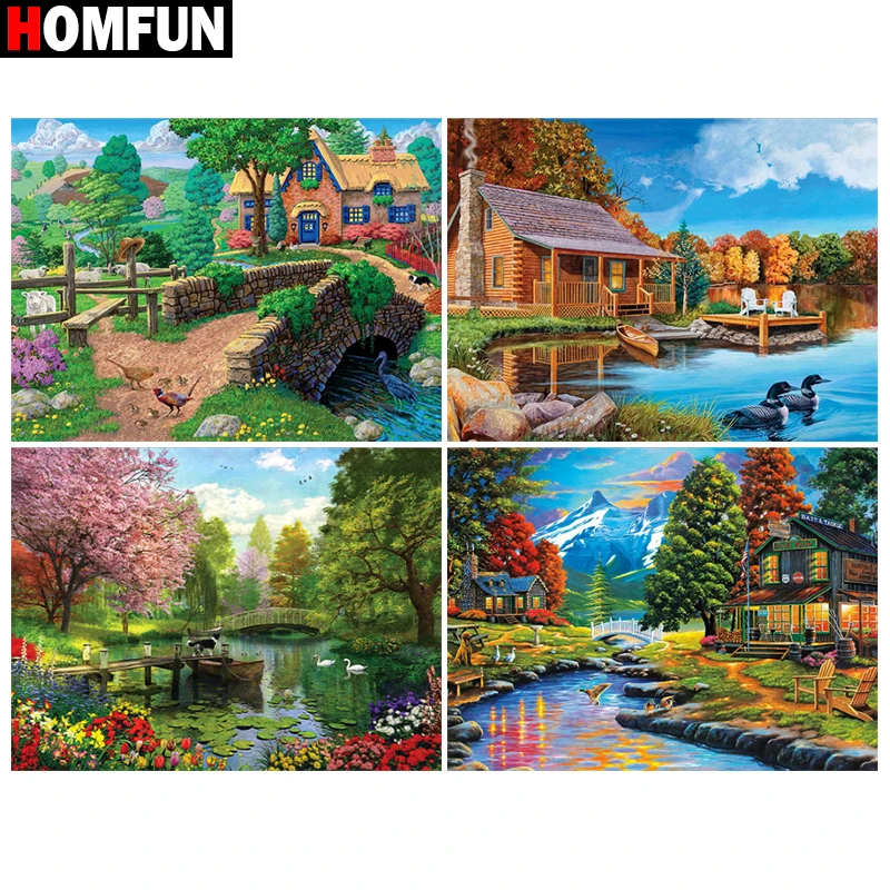 Алмазная живопись HOMFUN, картина из квадратных/круглых страз 5D «сделай сам», вышивка крестиком «Дом, лес, вода», стразы