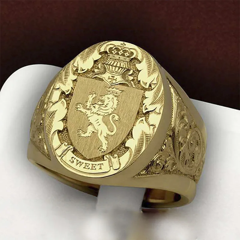 Punk Exaggerate Gold Color Ring Men's Domineering Ring Lion Crown Pattern Stamp Logo Cocktail Party Finger Jewelry