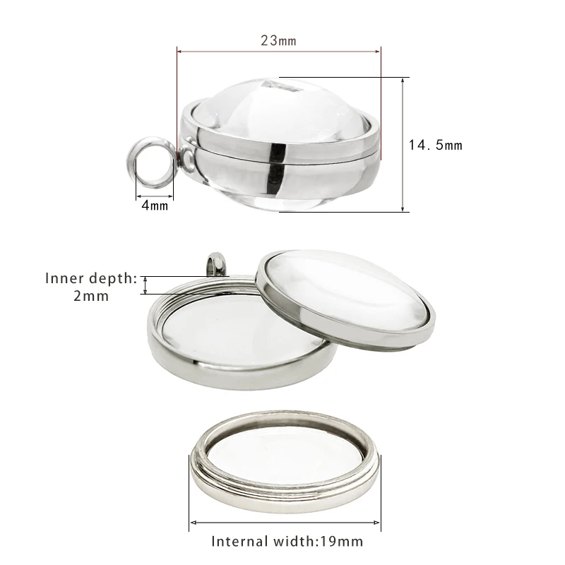 1pc 17mm 23mm 28mm 30mm Stainless Steel Floating Locket Pendant Double Curved Glass Memory Locket For Necklace Making Medallion