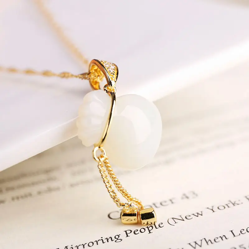 Natural Hetian white jade purse Pendant Necklace Chinese style retro Bohemian style fresh and elegant women's silver jewelry