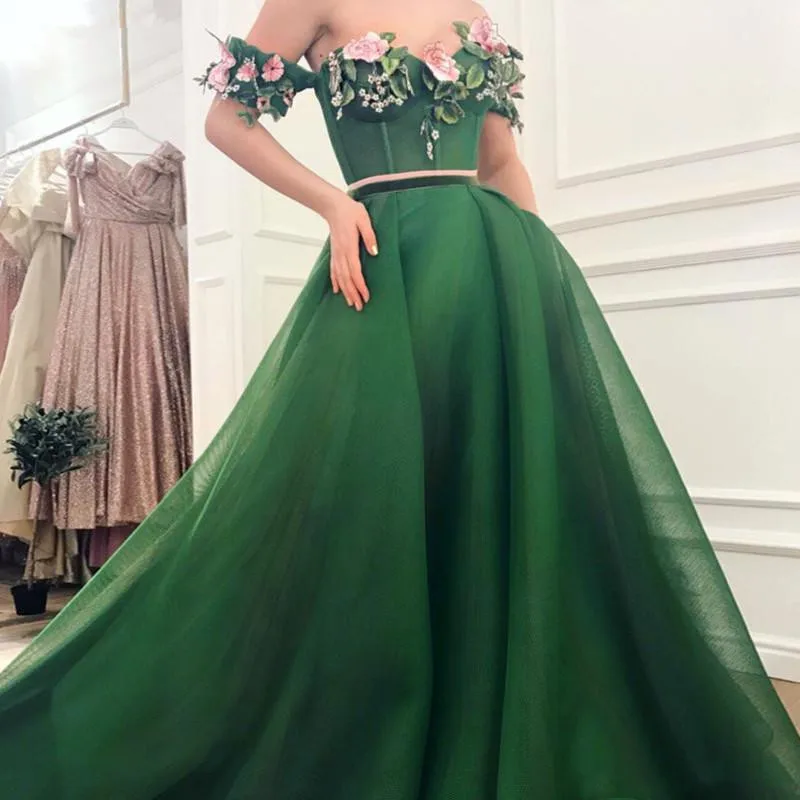 Neue Grün Abendkleider 2022 A-Line Liebsten Tüll Perlen Blume Elegante Arabisch Lange Abendkleid Prom Kleid فساتين السهرة