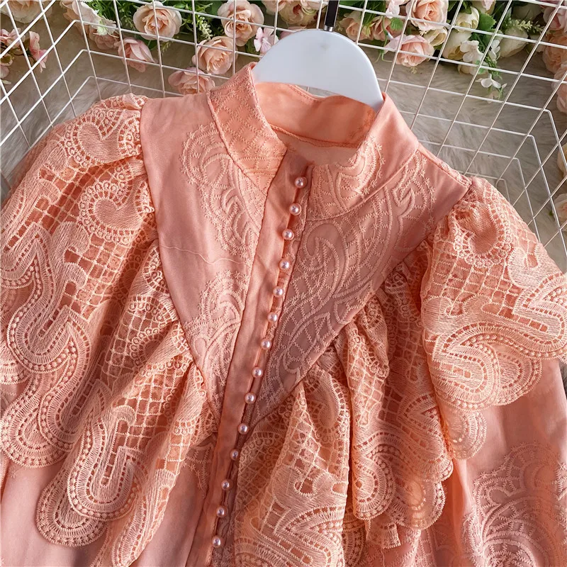 Special Offer Spring Autumn Women Blouse High Quality Vintage Court Style Stand Collar Lantern Sleeve Ruffles Lace Shirt