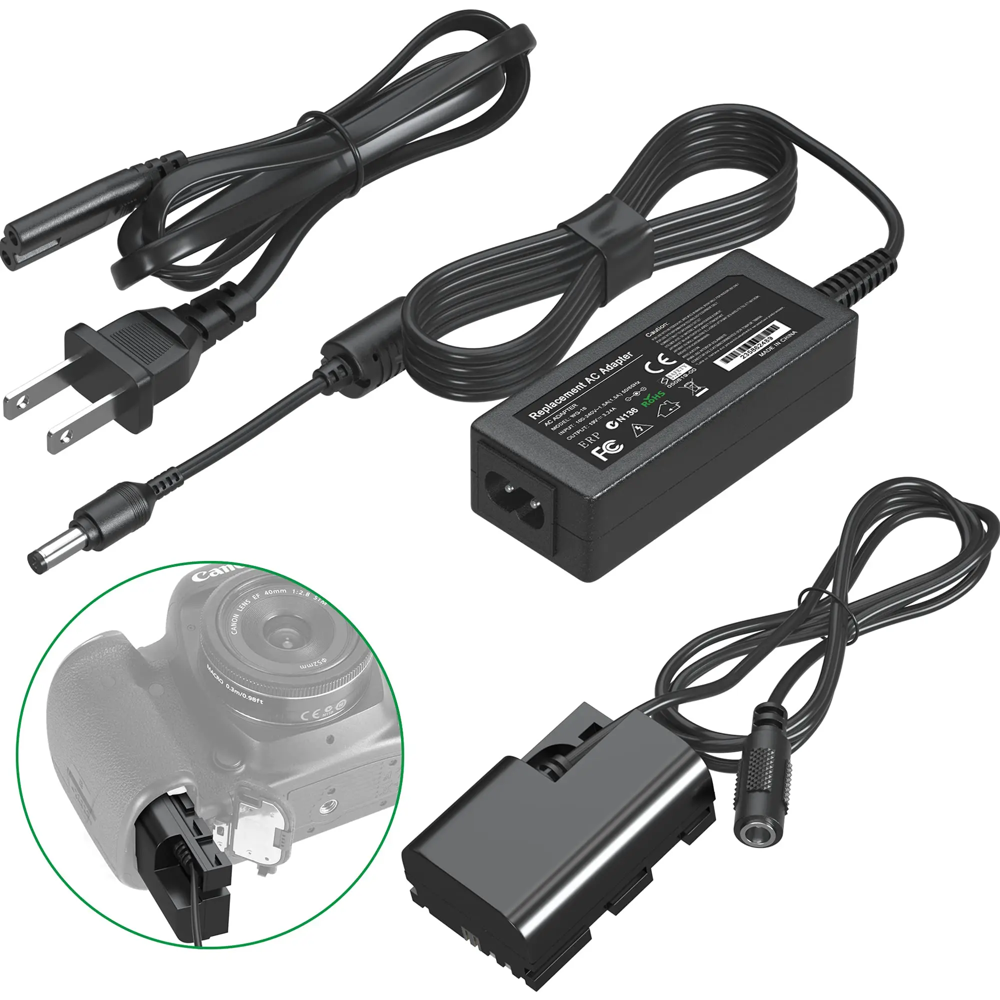 ACK-E6 DR-E6 Adaptador de corriente alterna de repuesto LP-E6 Kit de acoplador de batería simulada para Canon 80D, 70D, 60D, 90D, 6D, 7D, 7D Mark II, 6D Mark II, 5D Mark II, 5D Mark IV, 5D Mark III , cámaras EOS R5,etc