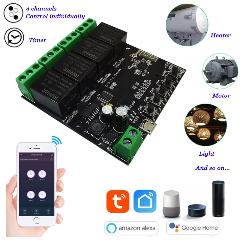 DC12v 24v 4CH Wifi Tuya Smart Control Board NO NC COM Light Control AC DC Motor Forward Reverse Alexa Google Home Automation DIY