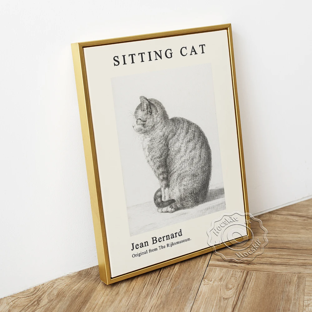 Jean Michel Bernard Exhibition Museum Poster, Sitting Cat Black White Sketch Wall Stickers, Animal Portrait Home Decor Prints