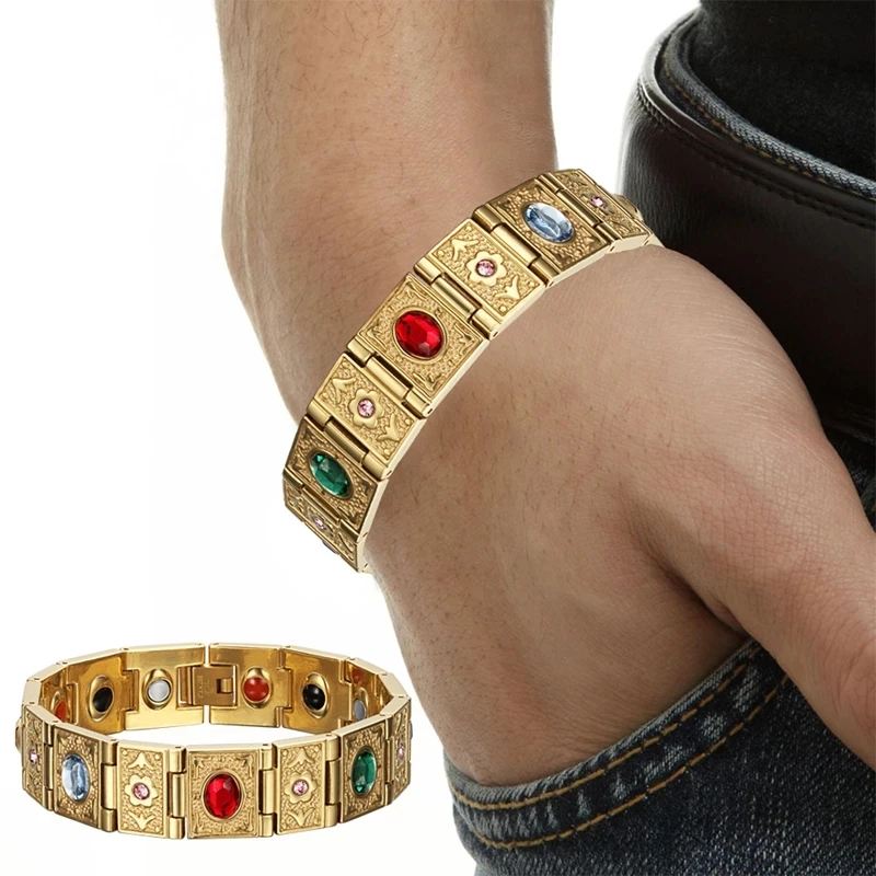 15mm Heavy Punk Gold Color Stainless Steel Bio Energy Chain Bracelet Men Wonen Hiphop CZ Zircon Health Magnetic Bangle Jewelry
