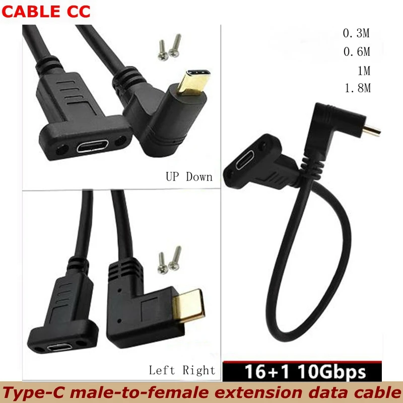 Up&Down Left Right Angle 3.1Type C Gen 2 Cable (3A) 90 Degree USB 3.1 Type C Male to Female Panel Mount Screw Cable,