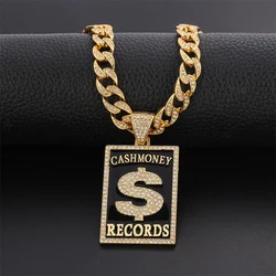 Goth Dollar Sign 'Cash Money Records' Iced out Pendant Necklace with Cuban Chain Hip Hop Jewelry for Street Style Rapper Gift