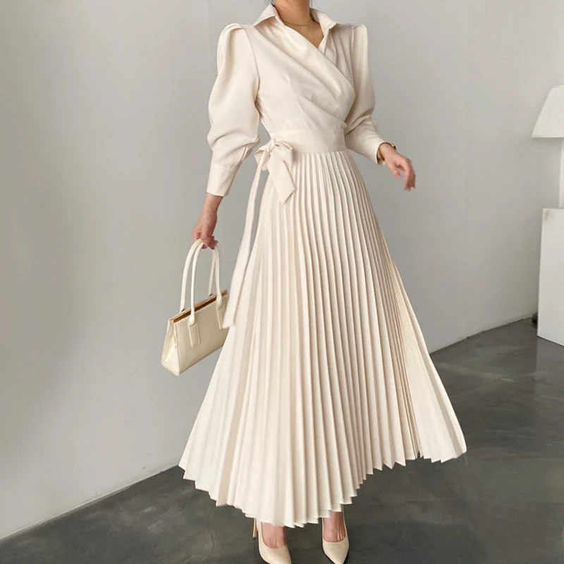 Long Sleeve High Waist Spring Luxury Autumn 2022 Woman Pleated Dress Female A-Line Party Elegant Vintage Maxi Dresses for Women