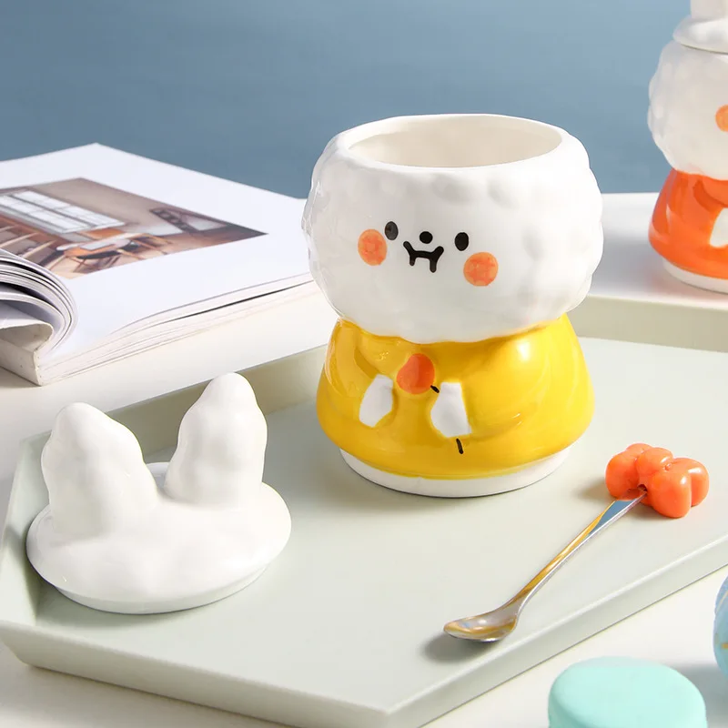 

3D Cartoon Rabbit Ceramic Cup With Cover Spoon Cute Design Sense Cup Creative Trend Breakfast Mugs Coffee Cups