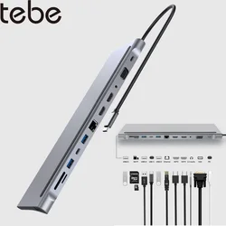 tebe Adaptador de concentrador USB-C MST 12 en 1 Tipo-c a 4K HDMI VGA Multi USB LAN Ethernet Lectores de tarjetas SD / TF con divisor auxiliar de 3,5 mm Estación de acoplamiento USB C para Macbook Dell Huawei